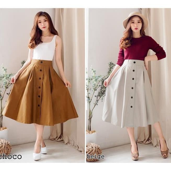 XBIZ ROK PANJANG MIDI LEBAR FLARE SKIRT KOREA IMPORT AB50771 HITAM PUTIH XIPM