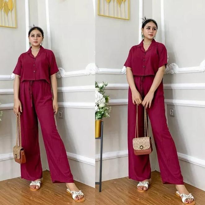[QA1273] One Set Crop Rayon Bali - Setelan Wanita Korean Style Kancing Depan Kekinian (baju+celana) 