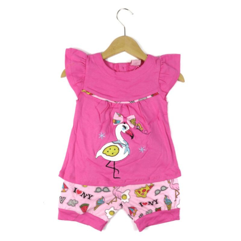 SETELAN BABY FASHION BAJU ANAK PEREMPUAN MOTIF FLAMINGO BAHAN KAOS GAMBAR BORDIR 1 TAHUN