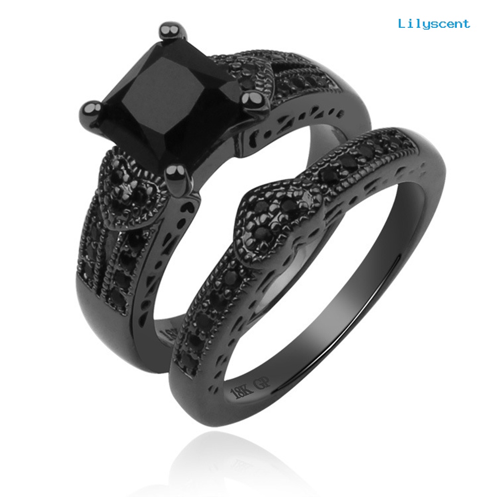 Ls 2Pcs / Set Cincin Pria / Wanita Hias Cubic Zircon Hitam Gaya Mewah Untuk Hadiah