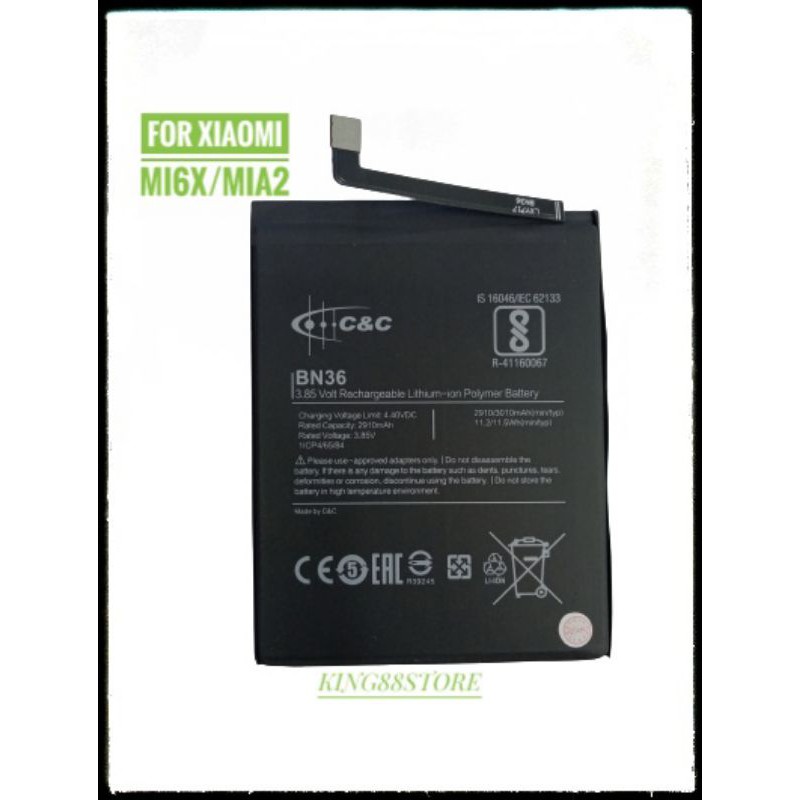 BATTERY BATTERAI BATRE ORIGINAL 100% MERK C&amp;C FOR XIAOMI MI6X MIA2 BN36