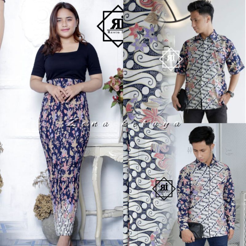 COUPLE KEMEJA BATIK COUPLE ROK BATIK MOTIF BUGENVIL NAVY