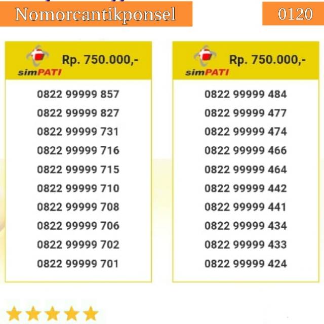 Nomor cantik simpati 0822 seri panca 99999 rapi #0120