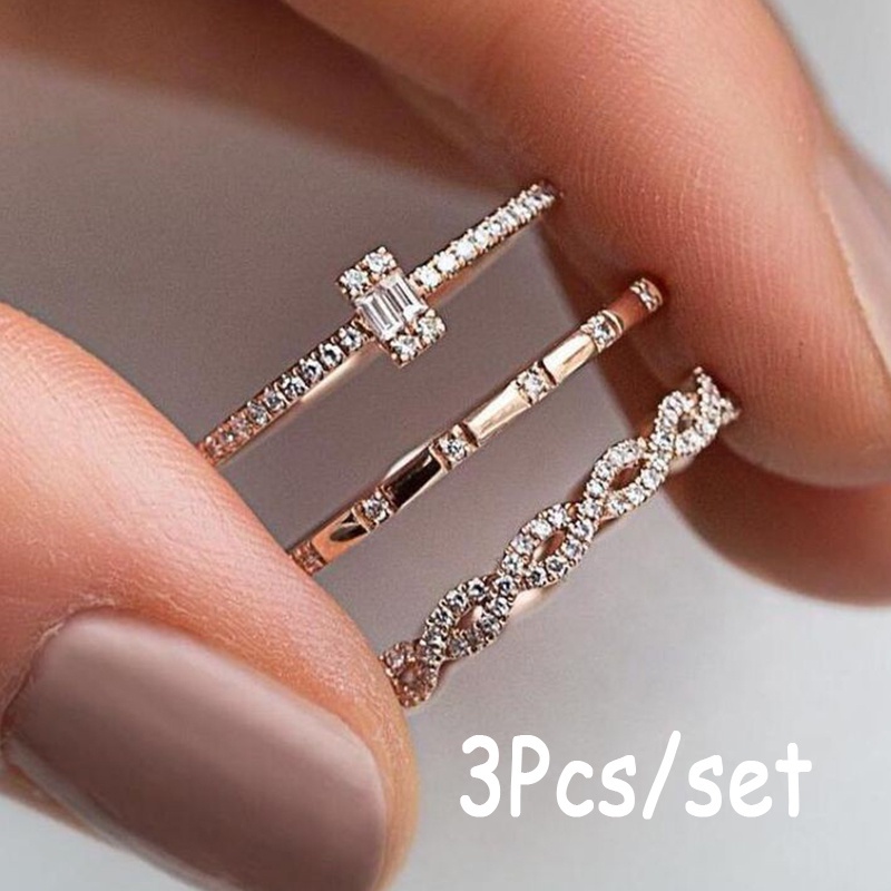 [ACKER] 3Pcs Pesona Cincin Set Kristal Tipis Stackable Eropa Fashion Twisted untuk Wanita Cincin Perhiasan (Ukuran: 6-10)