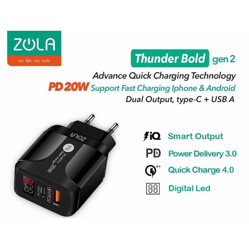 Zola Thunder Bolt gen 2 Fast Charging QC 4.0 PD 20W Digital LED