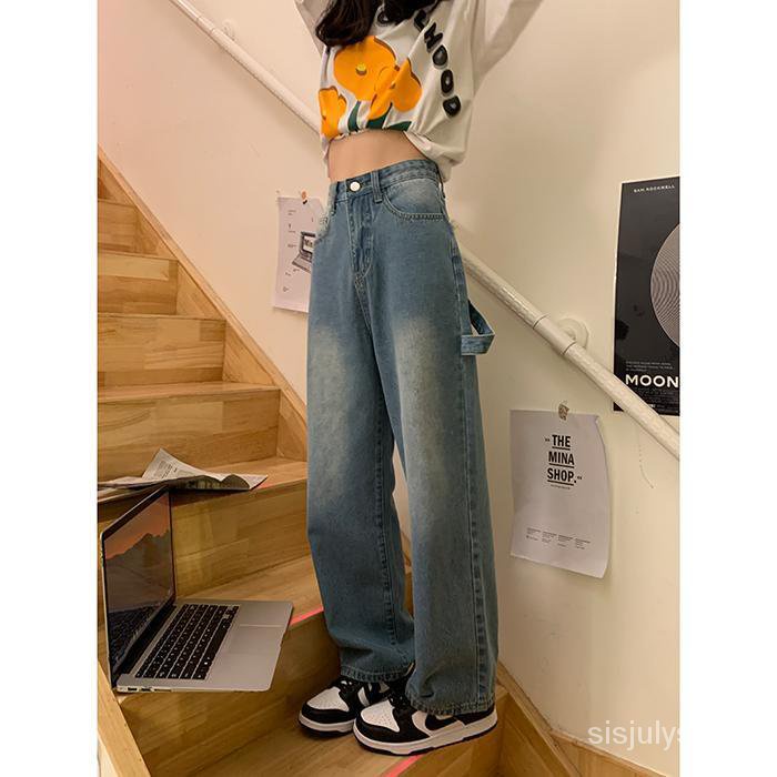 #Sisjuly# Celana jins biru wanita baru longgar lurus gaya korea pelangsing celana kaki lebar pinggan