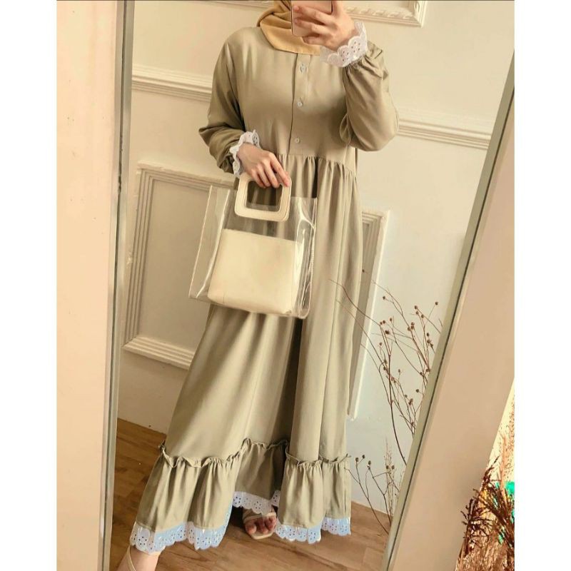 ASMIRA MAXI DRESS RENDA REMPEL DAILY BUSUI WANITA DRESS MOSCREPE-ASMIRA CREAM/MOCCA