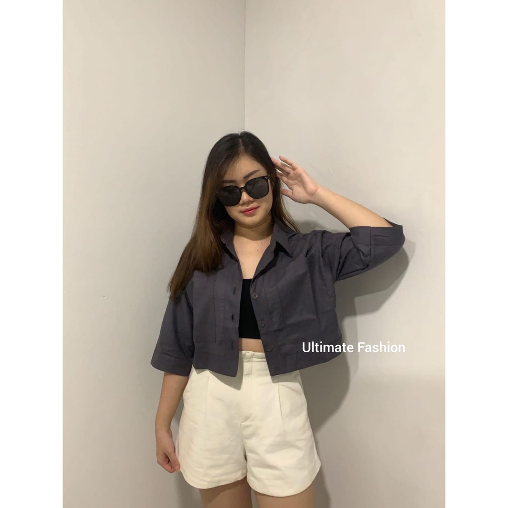 Atasan Kemeja Blouse Top Wanita Crop Linen  Premium Amanda Terbaru Kekinian