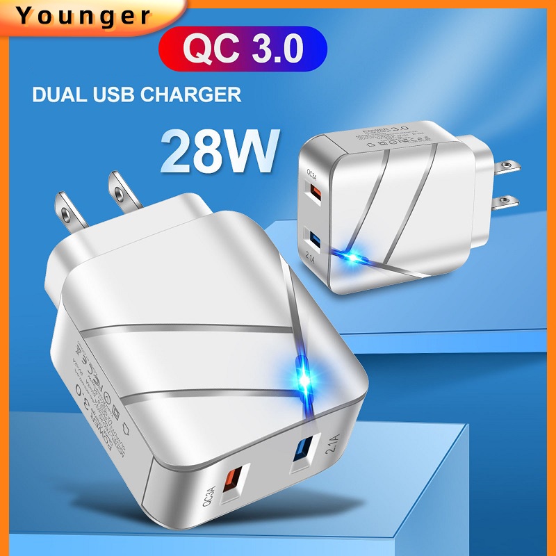 Adapter Charger Dual Port USB QC3.0 Fast Charging Multi Port Dengan Lampu Untuk Handphone