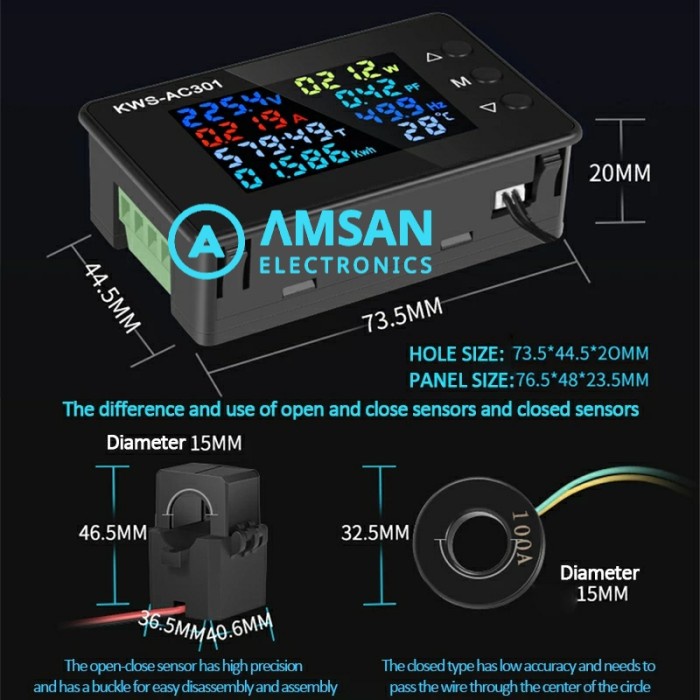 KWS AC301 8in1 Power Factor Frequency kWh Meter Wattmeter Voltmeter AC KWS AC301L 20A 100A
