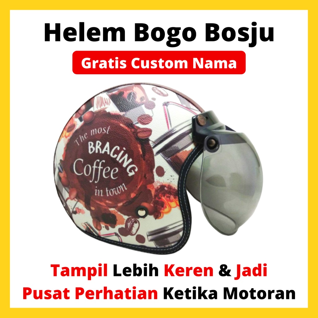 Helm Bogo Motif Coffee Kopi Coklat | Custom Warna Nama | Hlem Retro Klasik Anak Cewek Wanita Remaja 