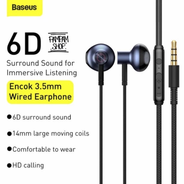 Baseus Stereo Headset Encok H19 6D Sound Wired Earphone Handsfree Kabel 3.5MM AUX Ori Original