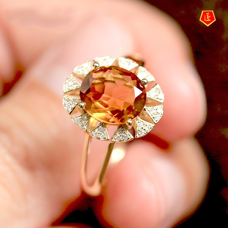 [Ready Stock]Simple Personality Full Diamond Inlaid Citrine Ring