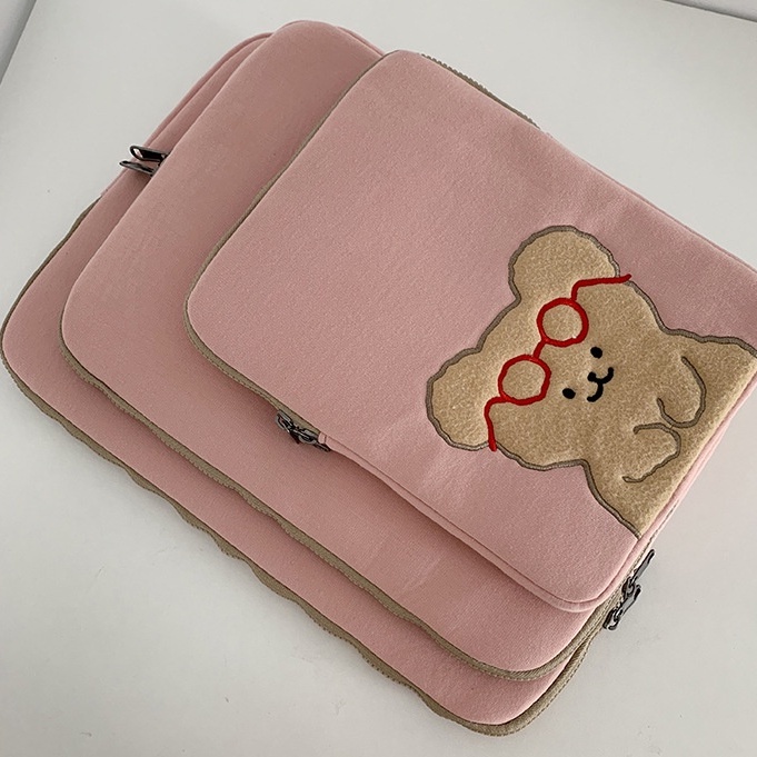 Sleeve Pouch Sarung Tas Bag Case Ipad Tab Tablet Macbook Air Pro Laptop Asus Acer Lenovo HP Huawei 11 12 13 14 15 inch Motif Gambar Beruang Bear Warna Pink Lucu Cute Murah Korean Model