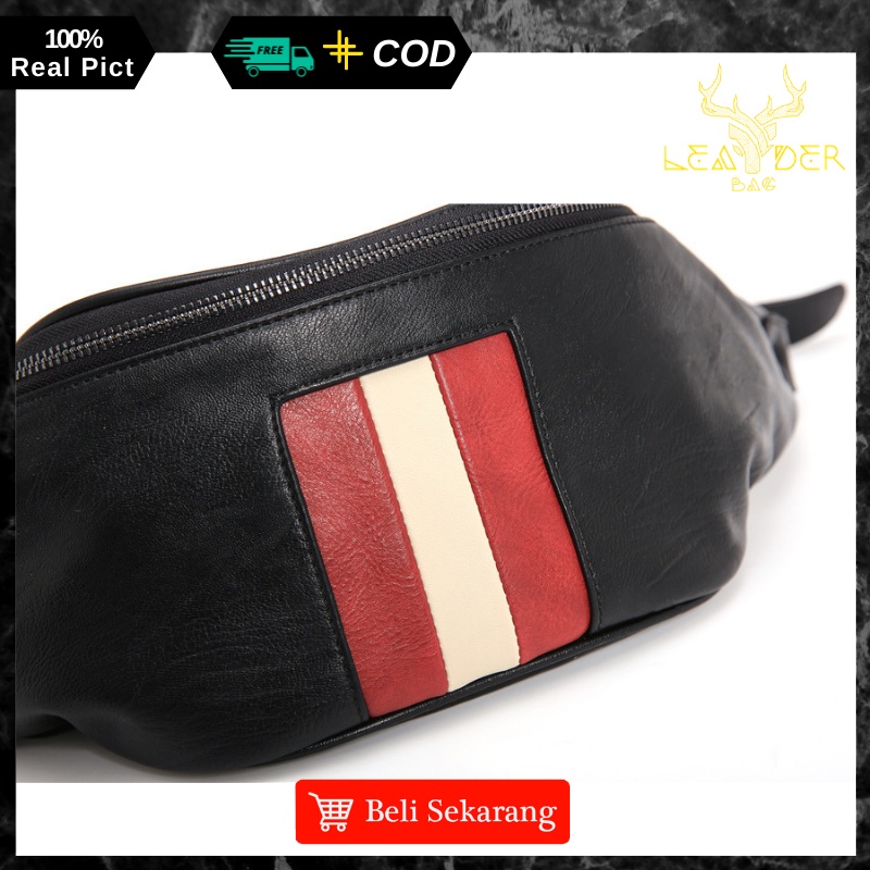 Tas Selempang Kulit Pria Distro Terbaru 2021 Warna Hitam Original Waistbag Kulit Cowok Ori Keren Anti Air Tas Pinggang Kecil Kulit Pria Impor Murah REDLINE