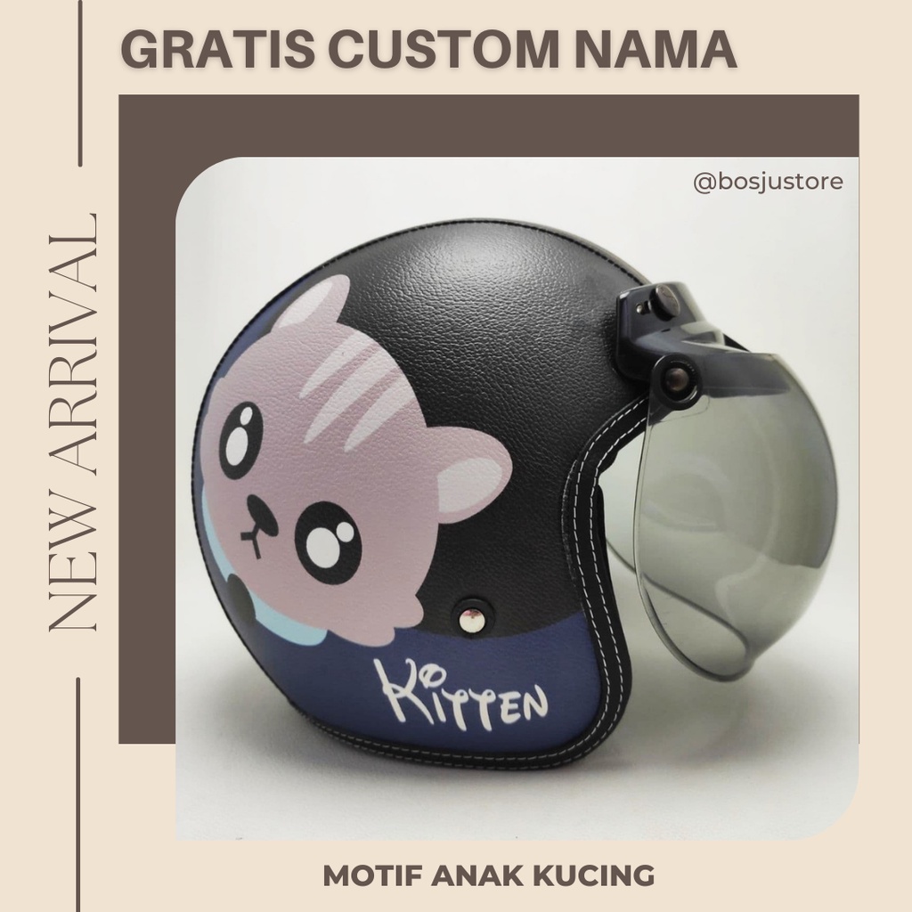 Helm Bogo Retro Motif Anak Kucing Hitam Lucu Imut Kulit Wanita Dewasa Kaca Datar Klasik - HELEM BOSJ