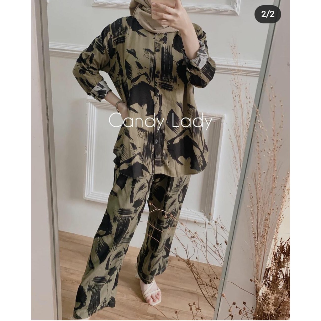 One set Rayon Premium Setelan Piyama Motif Terbaru-Abstrak Army Set