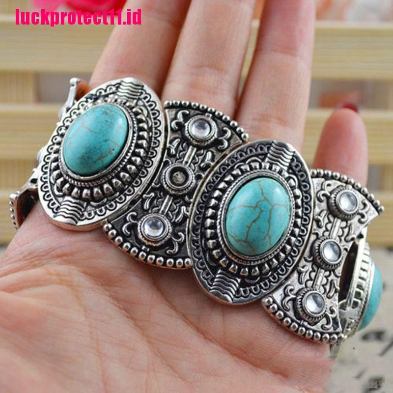 (LUCK) Gelang Tangan Silver Gaya Boho Vintage Retro Aksen Batu Turquoise Tibet Untuk Wanita