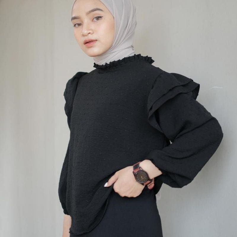 RICHA CRINCLE AIRFLOW BLOUSE PREMIUM / ATASAN WANITA / WARNA HITAM MOCCA CREAM MILO / MONOCHROME FAS