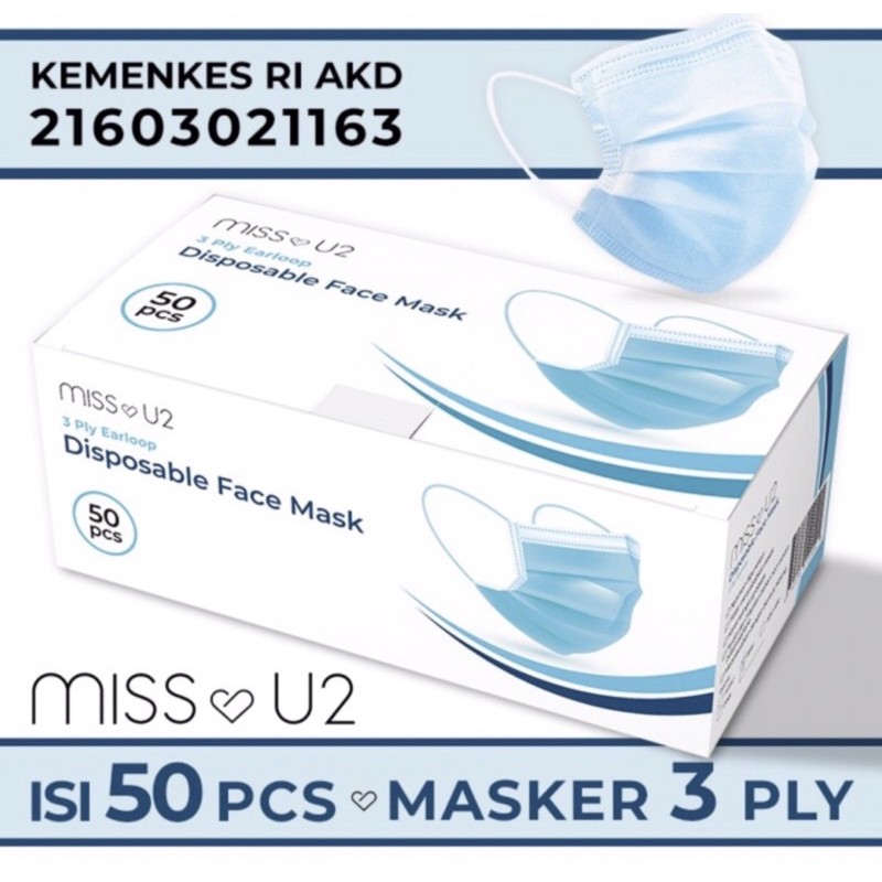 masker mulut Masker Kesehatan Earloop Miss U2 3ply 1 box Isi 50pcs Masker