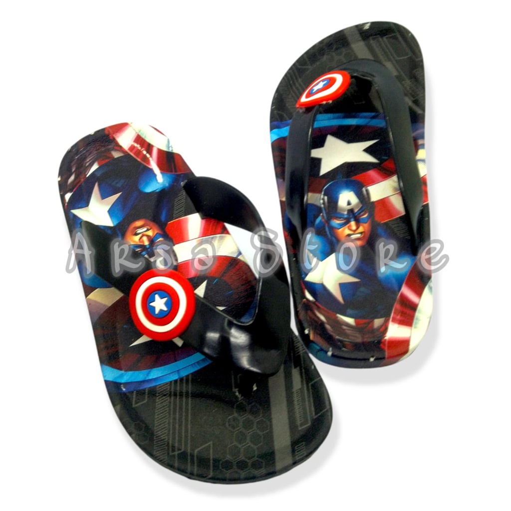 Sandal Jepit Jelly Anak Laki Laki Import Umur 2 3 4 Tahun / Sendal Karet Lucu Anak Cowok Motif Superhero Karakter Kapten Amerika / Kado Bagus Untuk Anak Ultah