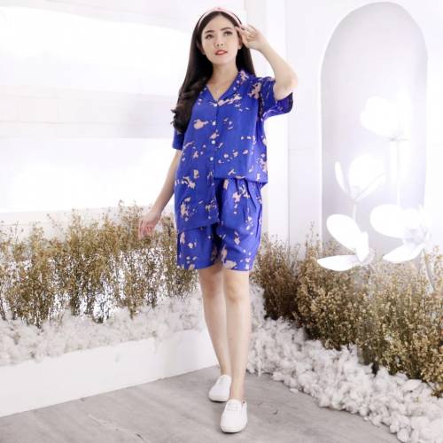Setelan Piyama Wanita Pendek Motif Tie Dye One Set Rayon Baju Tidur Cewe DARTI HP Jumbo XXL-ARIA BIRU BCA