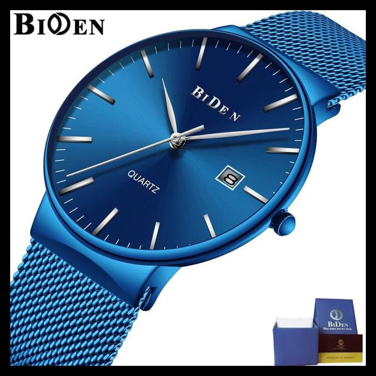Indh jam tangan pria BIDEN Analog Stainless Steel Mewah Mode Kasual - Biru PRODUK TERBATAS Kode 1093