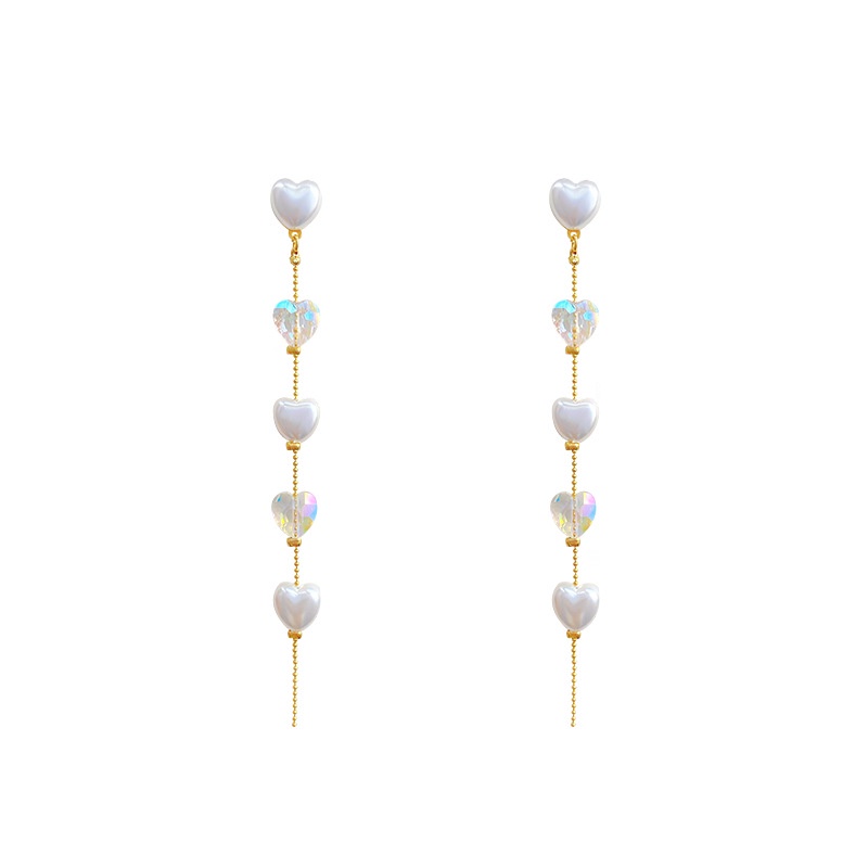 Anting Rumbai Panjang Aksen Mutiara Kristal Bahan 925 silver needle