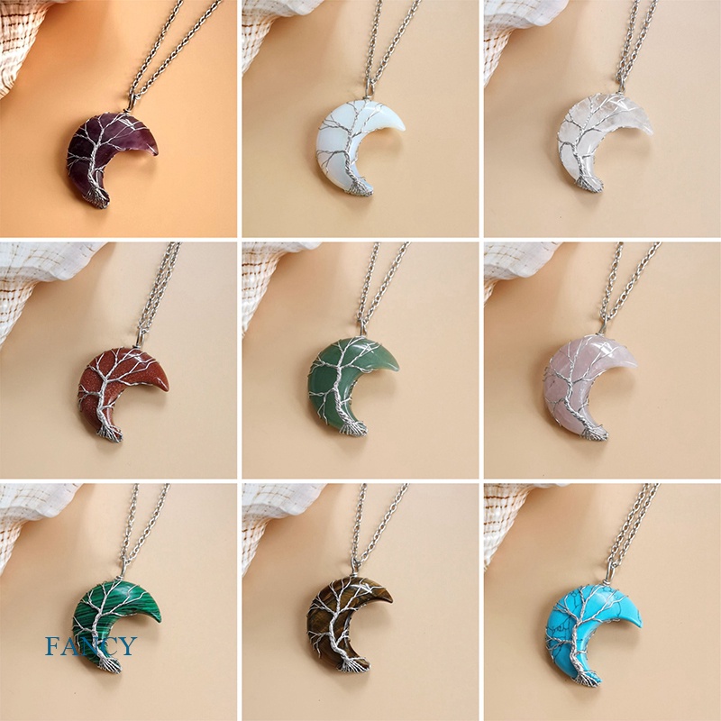 Kalung Rantai Liontin Bulan Sabitpohon Kehidupan Hias Batu Alam Aventurine Quartz Kristal Untuk Wanita