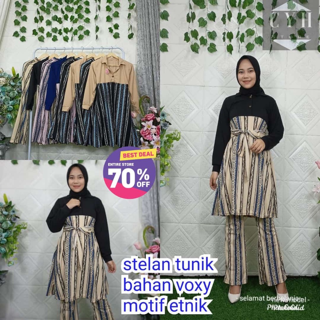 SETCEL TUNIK MOTIF ETNIK BAHAN VOXY / FASHION PAKAIAN WANITA / 3496