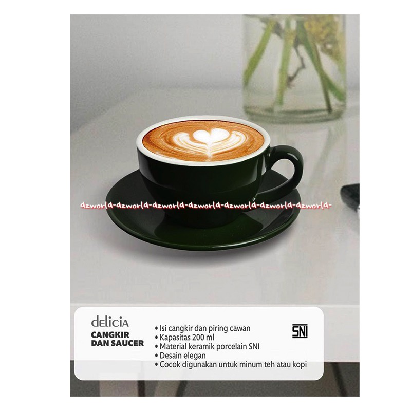 Delicia 300ml Kopi Teh Cup Cangkir dan Saucer Gelas Minum Kopi Teh Warna Hijau Green Tatakan Alas Deliccia