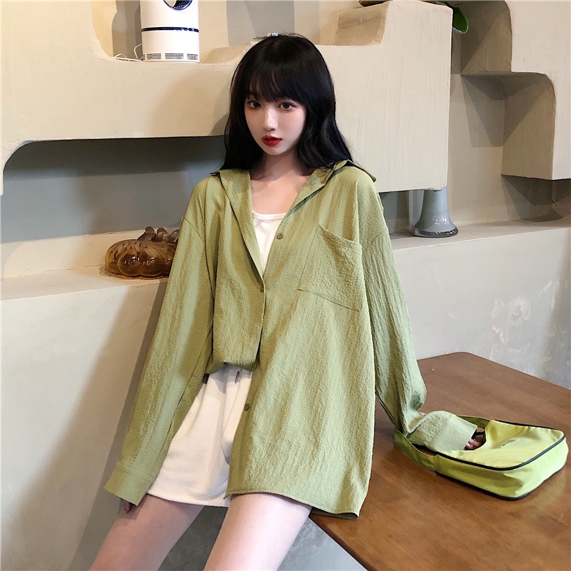 Kemeja lengan panjang kasual oversize warna solid wanita Korea style atasan