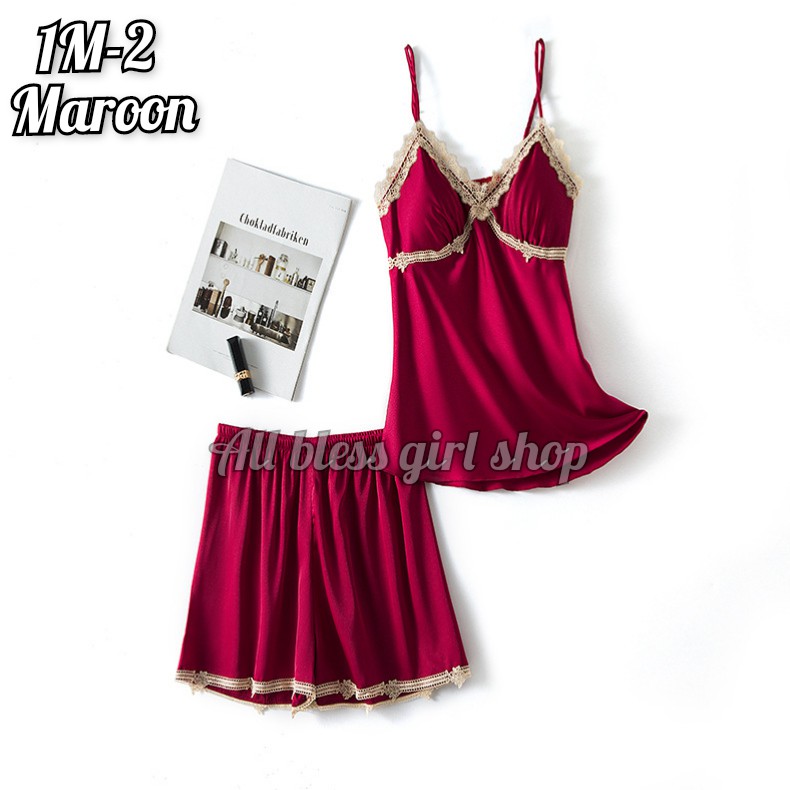 Baju tidur impor Lingerie sexy setelan (baju celana) wanita dewasa satin premium 1M (1-3)