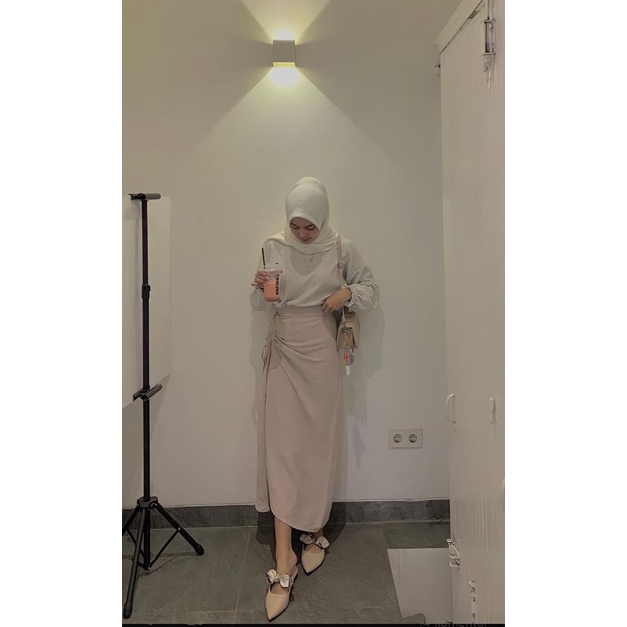 Tamara Skirt - Rok Serut Casual Korean Look -  Midi Maxy  Skirt - Rok Wanita Korean Terbaru - Rok Crinkle-Beige
