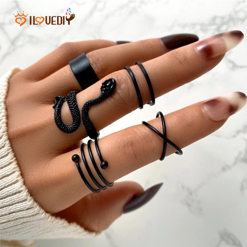 5pcs / Set Cincin Model Terbuka Desain Ular Warna Hitam Gaya Minimalis / Punk Adjustable Untuk Wanita