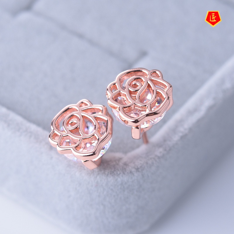 [Ready Stock]Rose Diamond Stud Earrings Fashion Simple