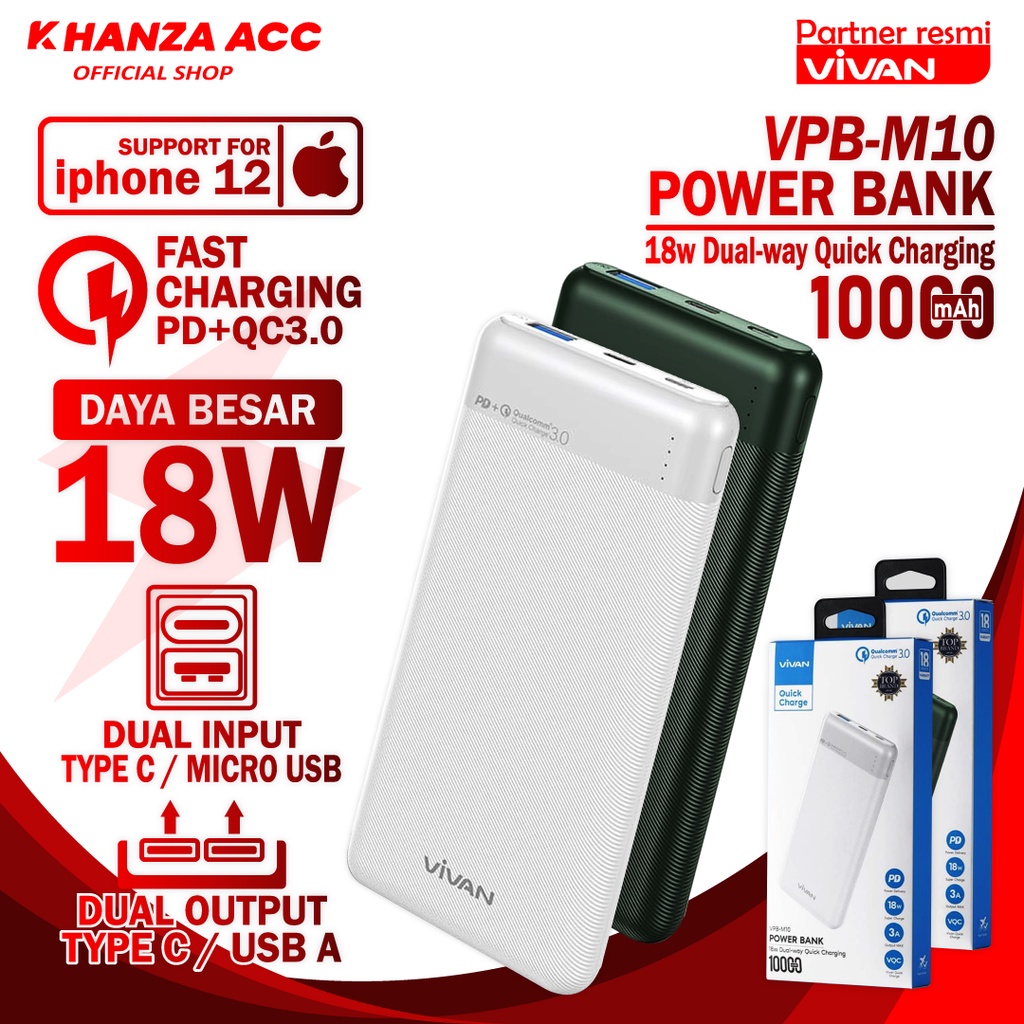 KHANZAACC VIVAN VPB-M10 PowerBank 10000mah 18W 3 Output Dual Input Port Type C &amp; Micro USB