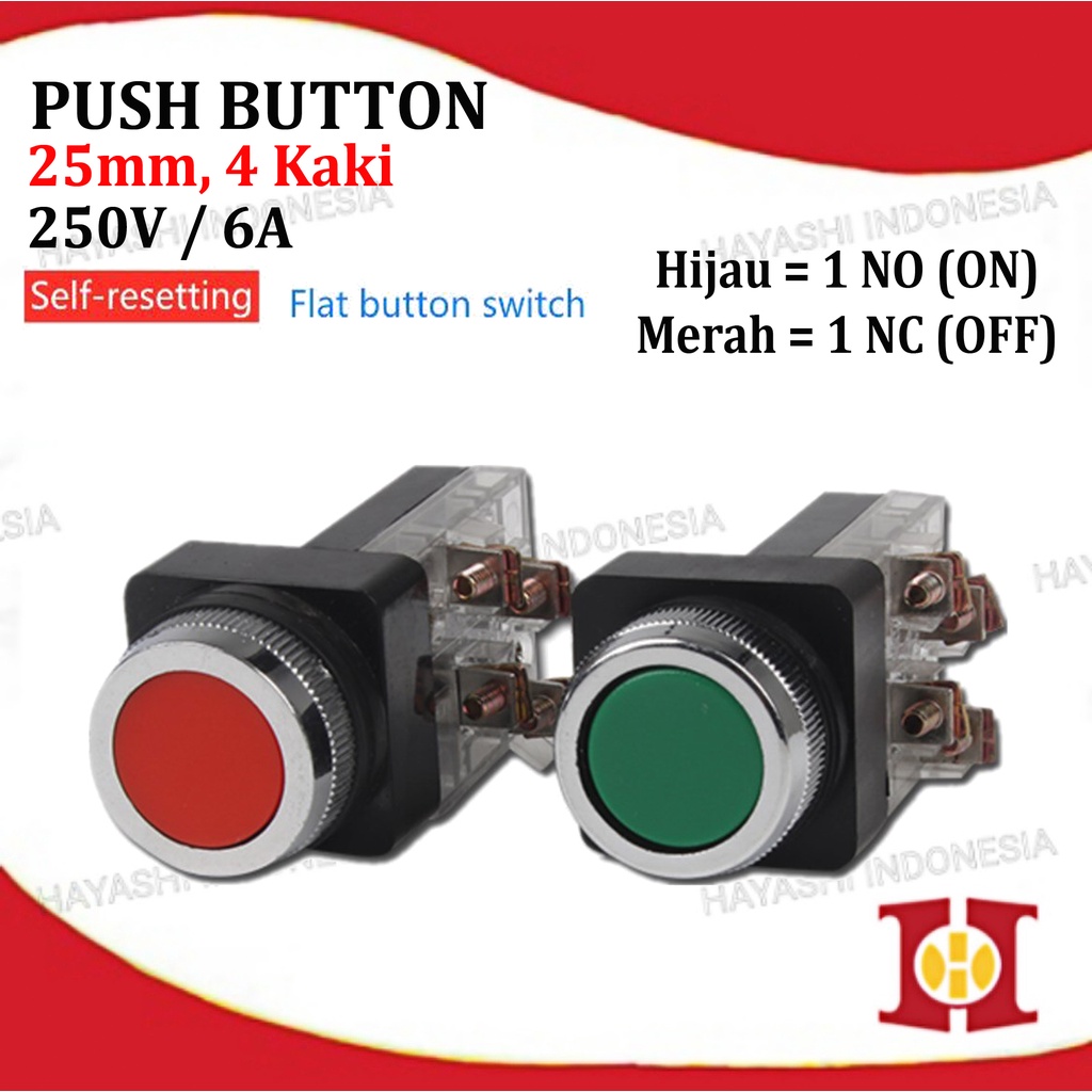 Push Button TAB 25MM PB2501 PB2511 2 4 Kaki Tombol On Off Merah Hijau