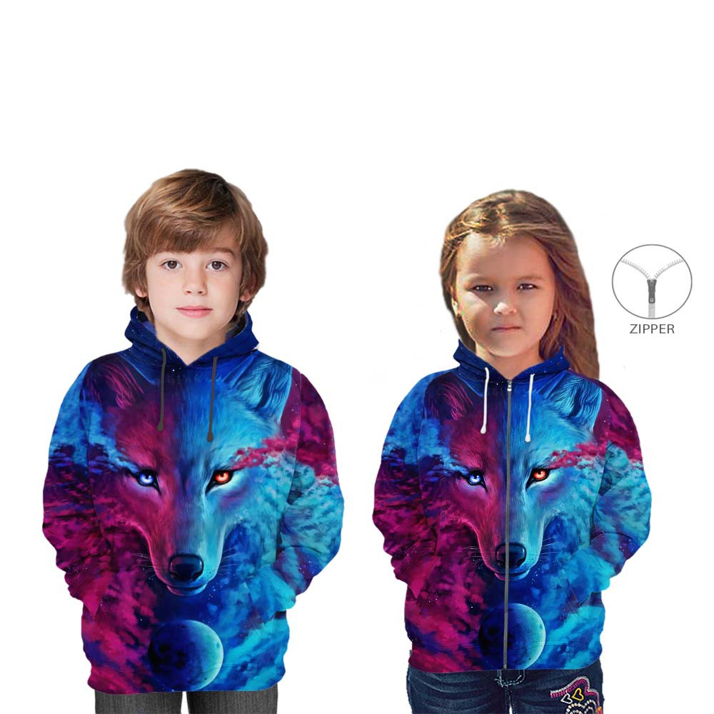 Jaket Hoodie WOLF Premium Anak 3D Fullprint model Zipper/Pullover