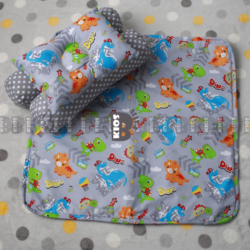 PERLAK SET MATRAS KASUR BAYI WATERPROOF/ ALAS ONPOL PERLENGKAPAN BAYI GRAY DINO SPACE