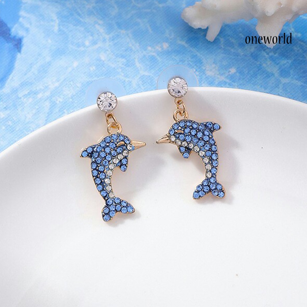 OW@ Cute Dolphin Shape Shiny Full Rhinestone Inlaid Women Stud Earrings Jewelry Gift