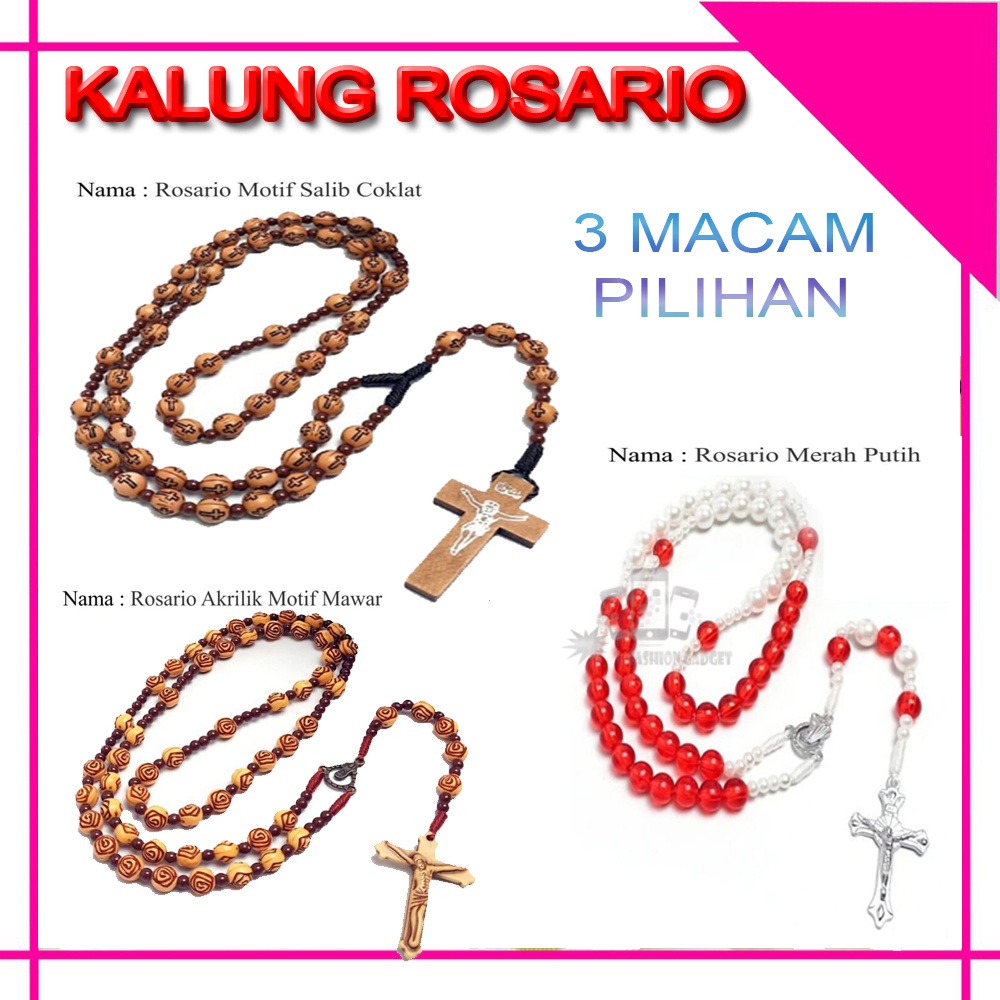 Kalung Rosario Merah Putih / Rosario Motif Salib Coklat / Rosario Akrilik Motif Mawar