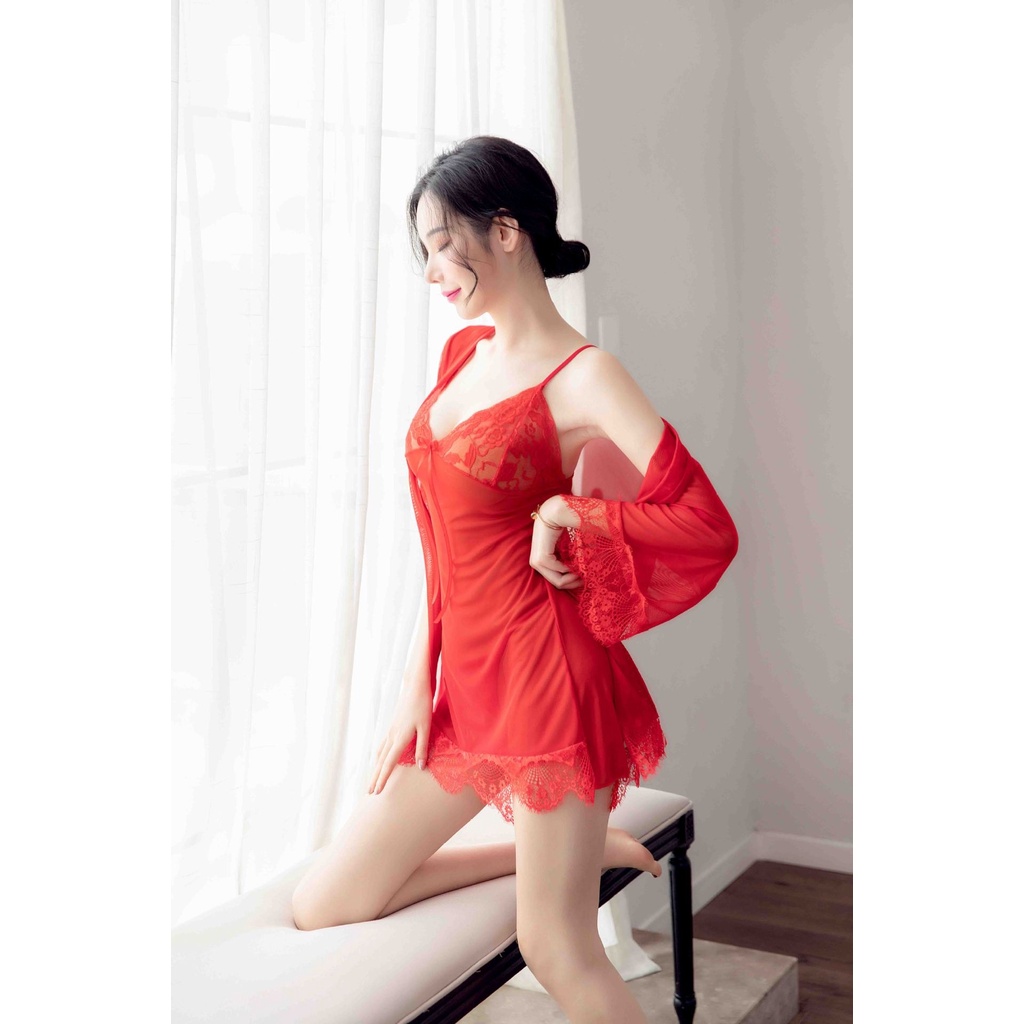 ORANGE ADULT Lingerie Seksi Baju Tidur Lace Seksi Lingerie Sexy Gaun Malam Seksi Lapisan Luar + Dalam - Merah1281