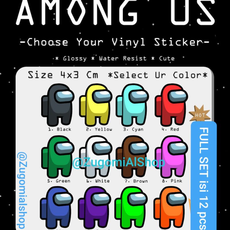 Stiker / Sticker Among Us Sticker Vinyl Full Set 12 Pcs (4x3cm)