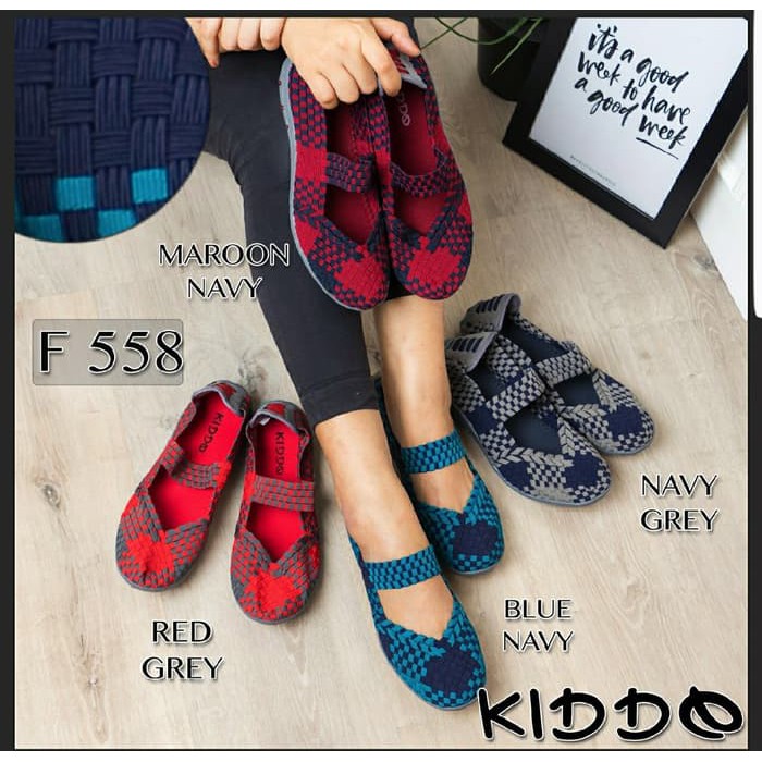 NEW Kiddo F558 rajut anyaman sepatu wanita flat wedges ORI