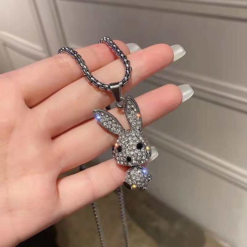 Kalung Rantai Choker Liontin Kelinci Hias Berlian Gaya Punk Hip Hop Untuk Wanita