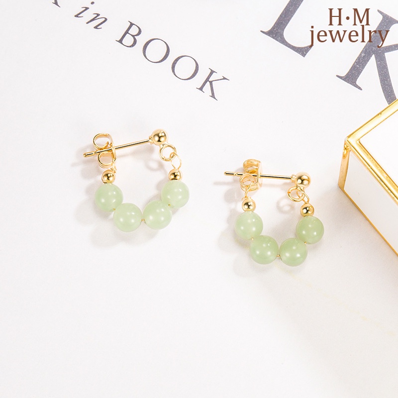 Anting Tusuk Handmade Bentuk U Gaya Vintage Dengan Giok Hetian Untuk Wanita