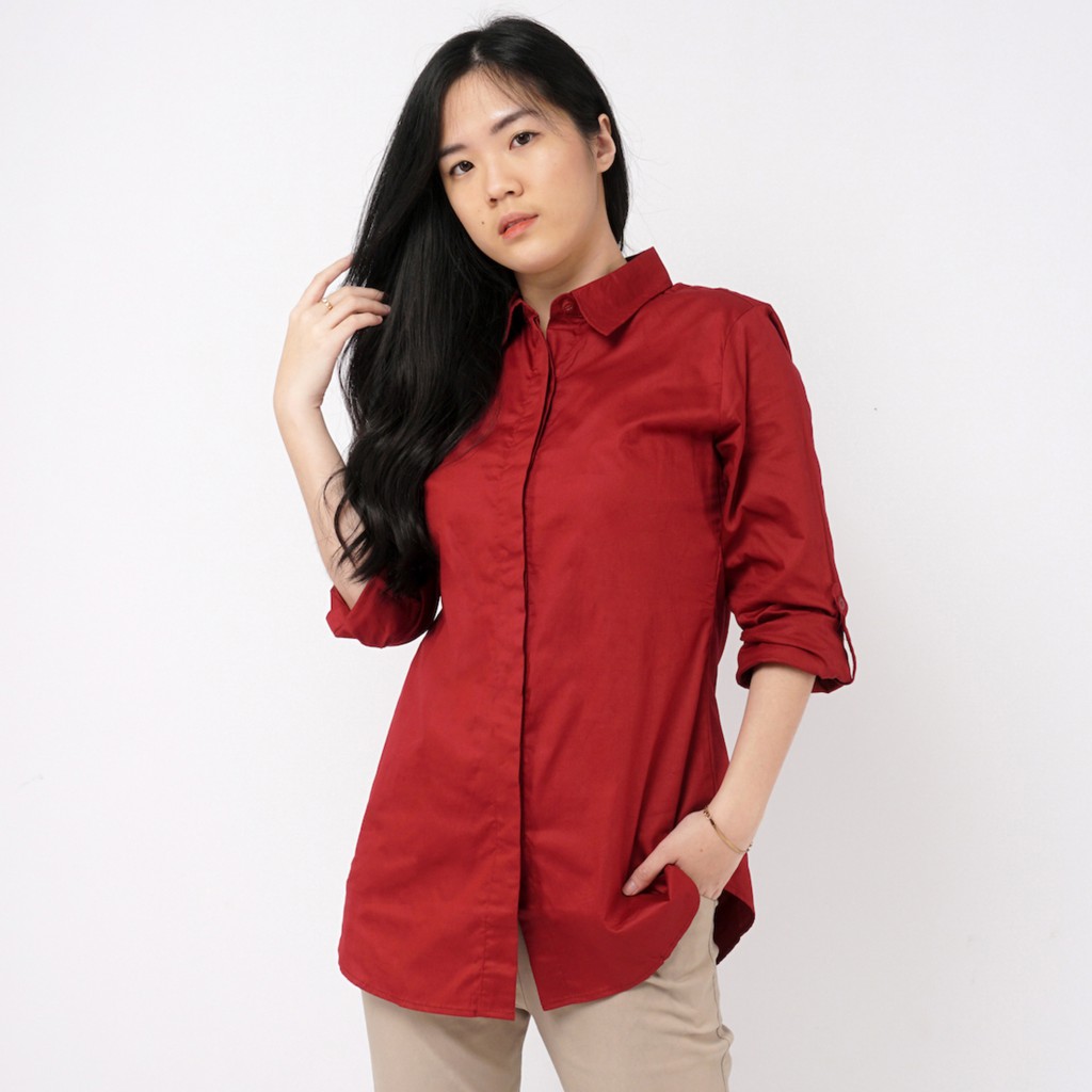 Kemeja Wanita Polos Lengan Panjang Slimfit - Merah Maroon - Aura Catalogue Slimfit Plain Shirt