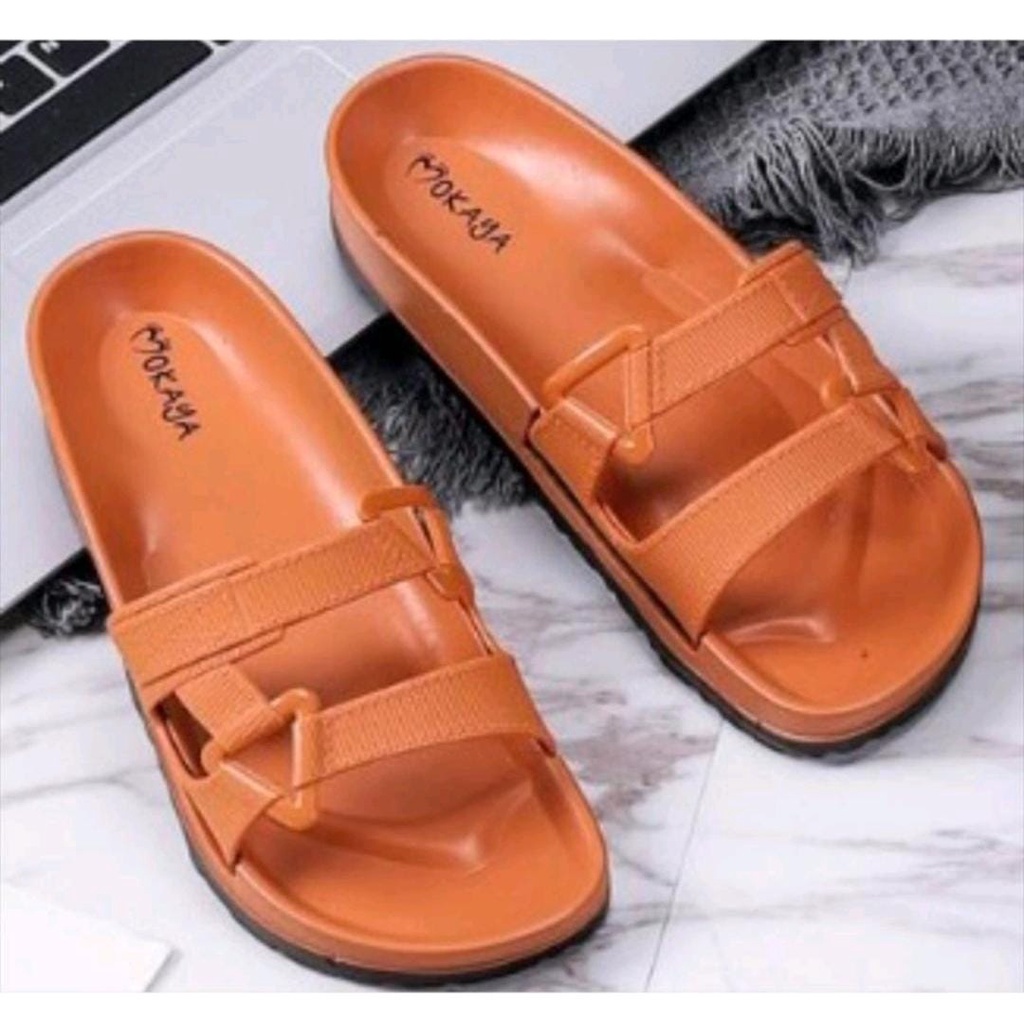 Sandal Slop Jelly Wanita Semi Gunung Tali Sambung Segi Tiga Kanan Kiri Sol Coklat Trendy Import Mokaya / Size 37-41 (1801-B11)