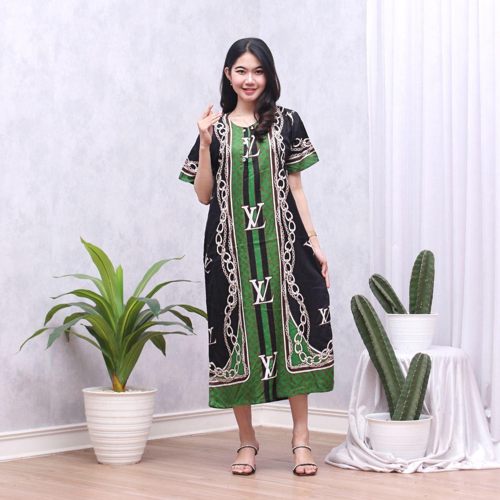 Daster Batik Lengan Pendek - Motif Daun - Leher Kancing (DPT001-133) Batik Prass-PHARSA HIJAU